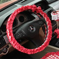 Women Elegant Plaid Lace Fold Car Steering Wheel Covers Cotton 15 inch 38CM - Red