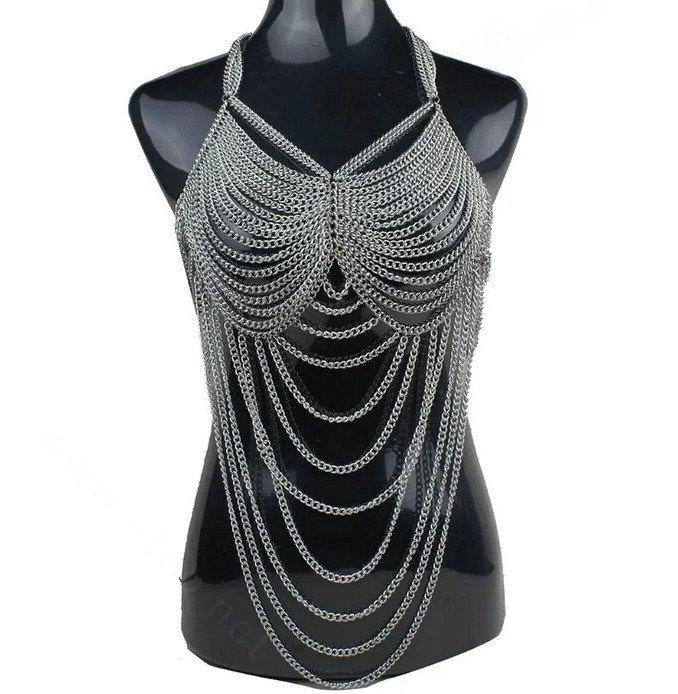 Calssic Belly Waist Body Chain Halter Bra Lingerie Dress Decor Necklace Jewelry - Gray