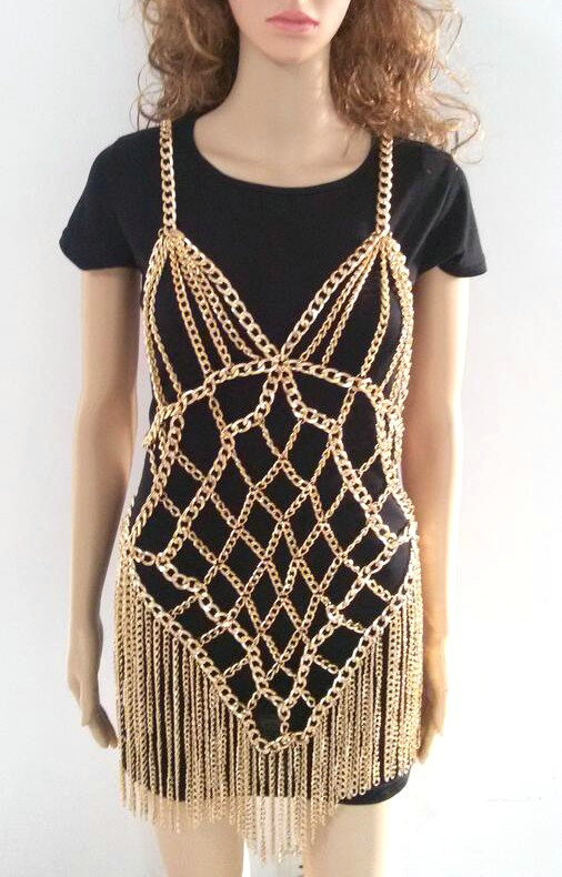 Sexy Waist Tassel Body Chain Halter Bra Lingerie Dress Showgirl Necklace Jewelry - Gold