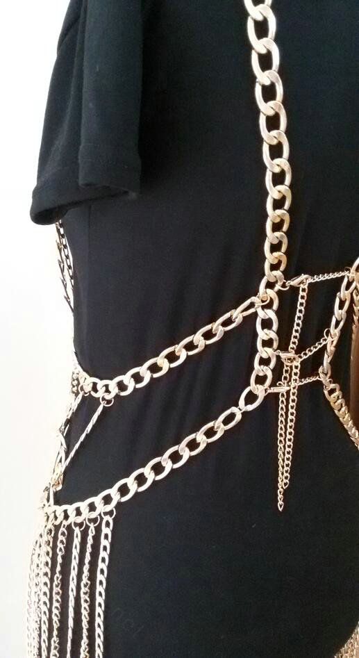 Sexy Waist Tassel Body Chain Halter Bra Lingerie Dress Showgirl Necklace Jewelry - Gold