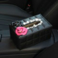 Creative Camellia Leather Crystal Car Tissue Paper Box Holder Case Interior Accessories - Black Rose