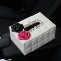 Creative Camellia Leather Crystal Car Tissue Paper Box Holder Case Interior Accessories - White Rose