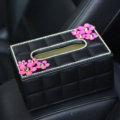 Crystal Daisy Flower Leather Small Car Tissue Paper Box Holder Case Interior Accessories - Black Rose