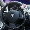 Crystal Lace Flower Pu Leather Vehicle Steering Wheel Covers 15 inch 38CM - Black