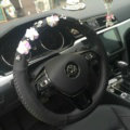 Elegant Diamond Flower Leather Vehicle Steering Wheel Covers 15 inch 38CM - Black