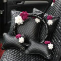 Leather Car Interior Accessories Sets Flowers Auto Steering Wheel Cover and Pillows 5pcs - Black