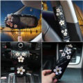 Luxury Leather Car Interior Accessories Sets Women Daisy Flowers Creative 5pcs - Black