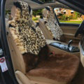 Luxury Leopard Pure Wool Car Seat Cushion Universal Sheepskin Fur Pads 5pcs Sets - Brown