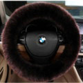 Luxury Long Fur Wool Car Steering Wheel Covers Handle Sleeves 15 Inch 38CM - Coffee