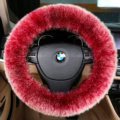 Luxury Long Fur Wool Car Steering Wheel Covers Handle Sleeves 15 Inch 38CM - Red White
