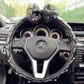 Pearls Lace Bowknot PU Leather Vehicle Steering Wheel Covers 15 inch 38CM - Black