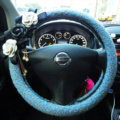 Top Quality Pearl Tassel Flower Linen Vehicle Steering Wheel Covers 15 inch 38CM - Blue