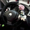 Vintage Women Crystal Flowers Car Steering Wheel Covers Plush 15 inch 38CM - Black