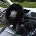 3pcs sets Winter Long Australian Wool Heated Fur Car Steering Wheel Handbrake Gear Shifter Cover - Black