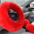 3pcs sets Winter Long Australian Wool Heated Fur Car Steering Wheel Handbrake Gear Shifter Cover - Red