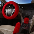 Classical 3pcs sets Winter Plush Fur Universal Car Steering Wheel Cover Handbrake Gear Knob Cover - Red