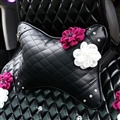1PCS Plaid Crystal Leather Car Neck Pillow Flower General Auto Headrest for Female- Black