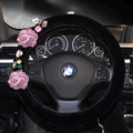 Vintage Women Crystal Rose Car Steering Wheel Covers Plush 15 inch 38CM - Black