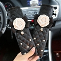 2pcs Car Safety Seat Belt Covers Women Creative Pearl Camellia Leather Shoulder Pads - Black