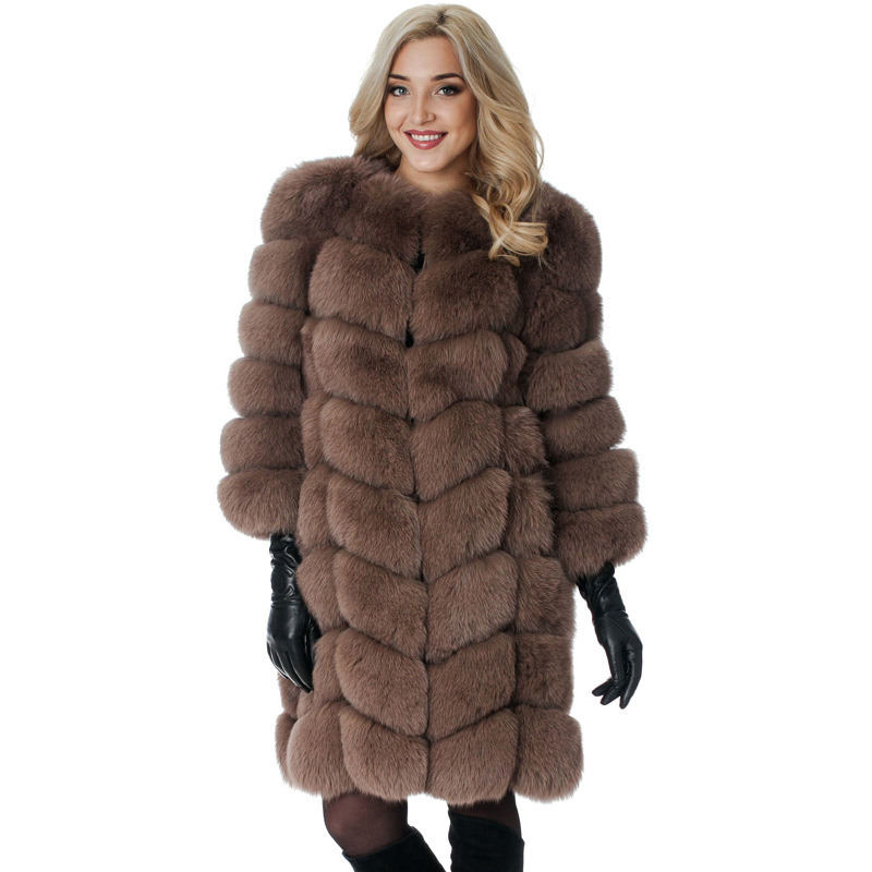 Nine Points Sleeve Warm Faux Fox Fur Overcoat Fashion Women Coat - Camel