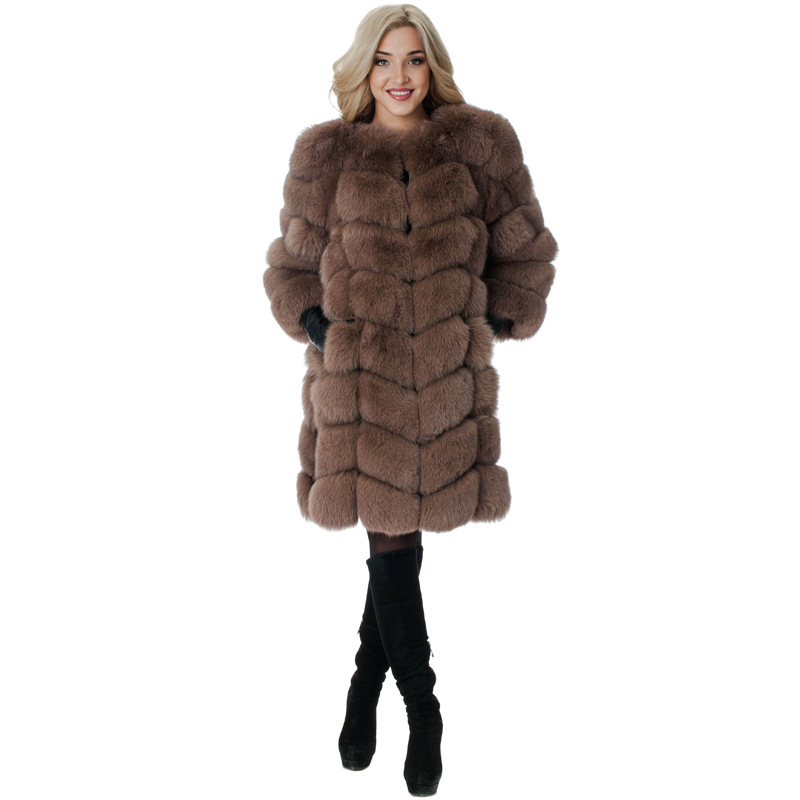 Nine Points Sleeve Warm Faux Fox Fur Overcoat Fashion Women Coat - Camel