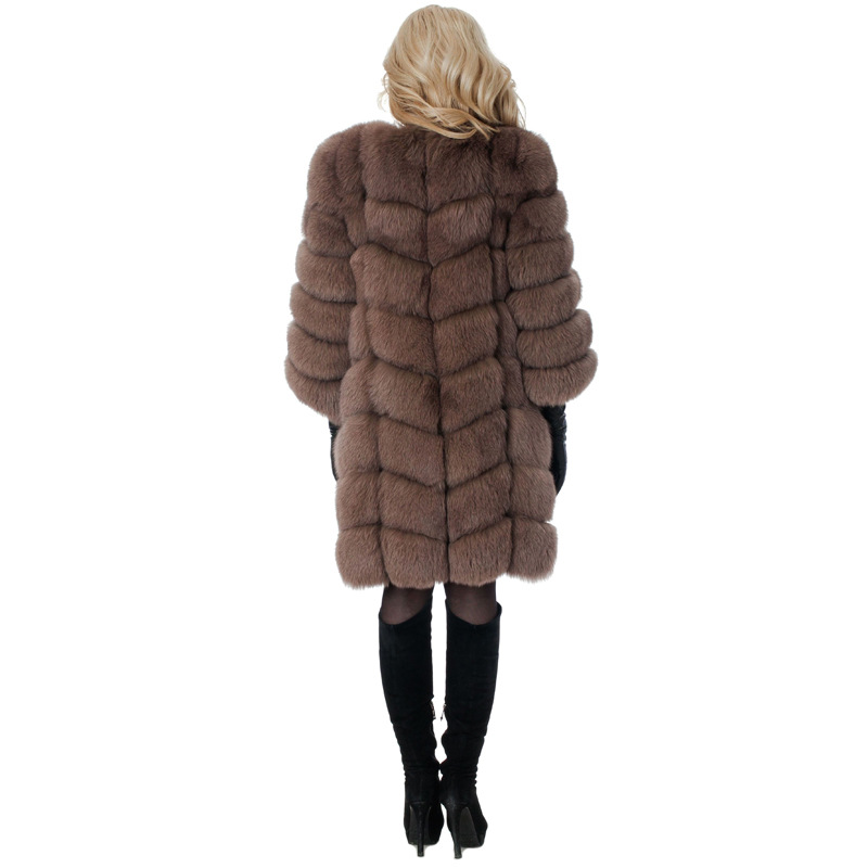 Nine Points Sleeve Warm Faux Fox Fur Overcoat Fashion Women Coat - Camel