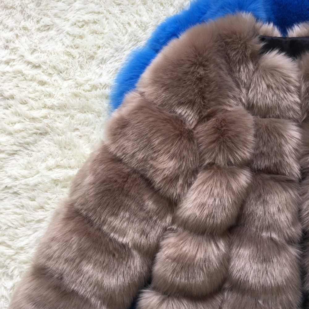 Nine Points Sleeve Warm Faux Fox Fur Overcoat Fashion Women Coat - Camel