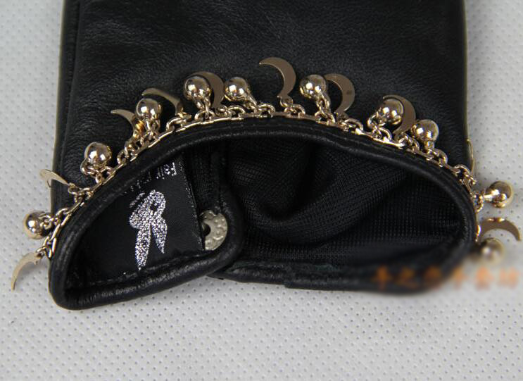 Classic Women Half Palm Button Real Sheepskin Girls Finger Gloves Keep Warm - Black Bling