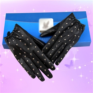 Fashion Women Buckle Rivet Genuine Leather Sheepskin Finger Gloves Keep Warm - Black