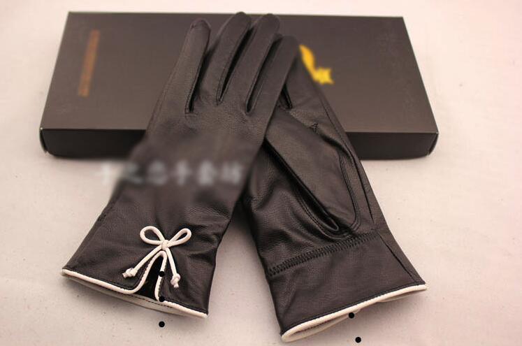 Fashion Women Long Bow Genuine Leather Sheepskin Finger Gloves Keep Warm - Red