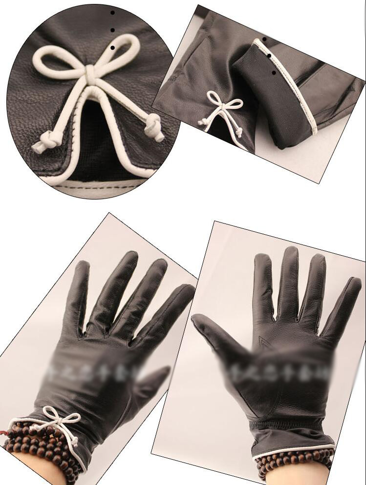 Fashion Women Long Bow Genuine Leather Sheepskin Finger Gloves Keep Warm - Red