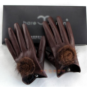 Hair Ball Women Long Mink Fur Real Sheepskin Button Finger Gloves Keep Warm - Brown