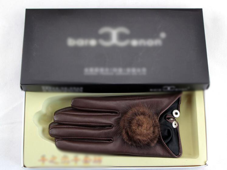 Hair Ball Women Long Mink Fur Real Sheepskin Button Finger Gloves Keep Warm - Brown