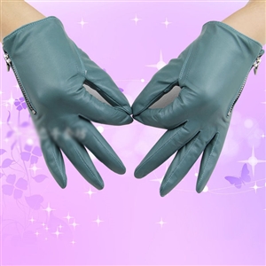 Lovers Women Long Gloves Genuine Leather Sheepskin Zipper Gloves Keep Warm - Light Blue
