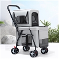 Foldable Pet Stroller Double-decker Bus Multifunctional Metal Removable Cats Dogs Bags Storage Basket Travel Outdoor Oxford - Gray