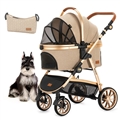 Foldable Pet Stroller with 4 One Wheels Multifunctional Aluminum Removable Cats Dogs Bags Storage Basket Travel Outdoor - Khaki