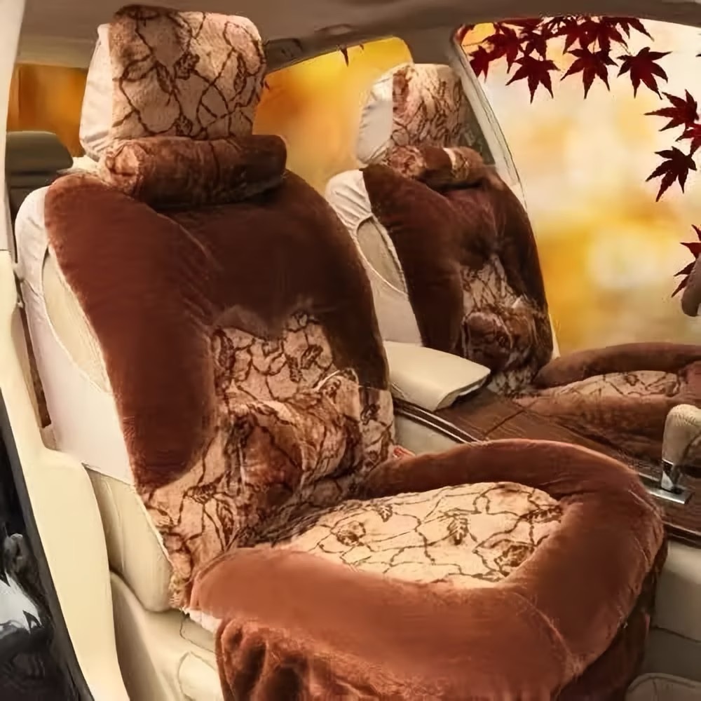 Fashion Winter Warmth Car Seat Cushion Universal Plush Automobile Covers 5pcs Sets - Leaf Brown