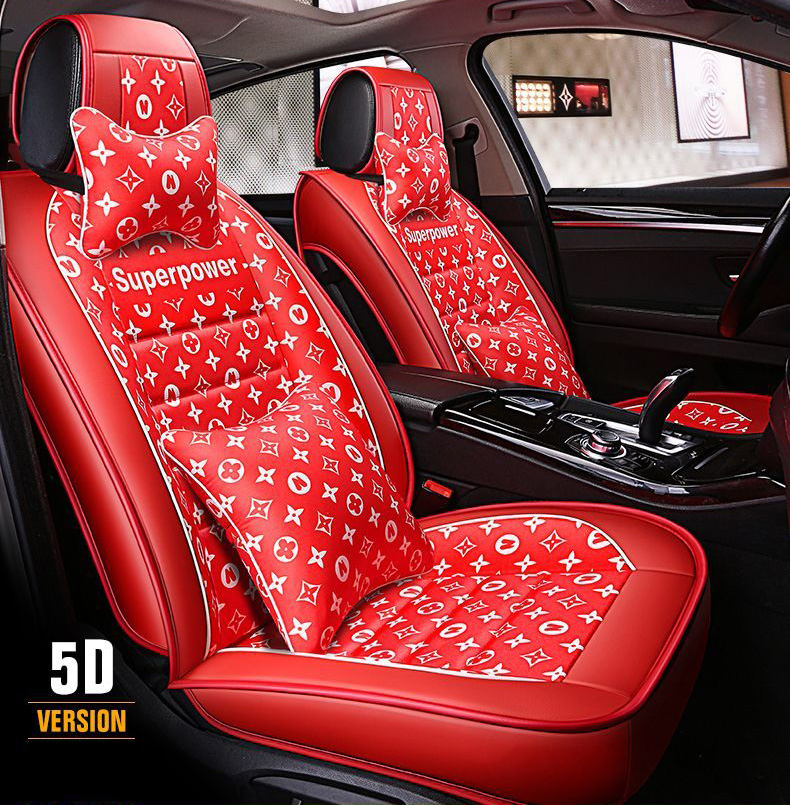 Luxury PU Leather Superpower Car Seat Covers Universal Pads Automobile Seat Cushions Pillows 11pcs - Red