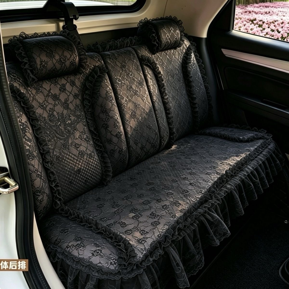 Luxury Universal Countryside lace Flower Car Seat Cover Bud Silk Floral Auto Seat Cushion 9pcs Sets - Black