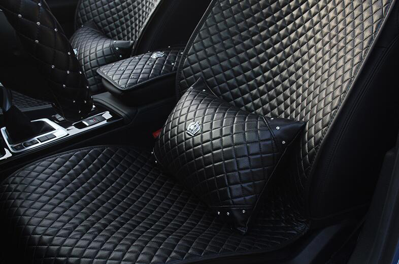Crown Leather Car Seat Covers Beautiful Universal Auto Seat Cushion 12pcs Sets - Black