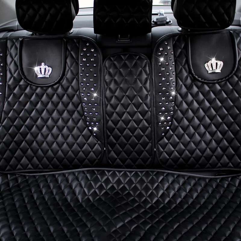 Crown Leather Car Seat Covers Rivet Universal Auto Cushion 1PC Back Cover 2pcs Front Cover - Black