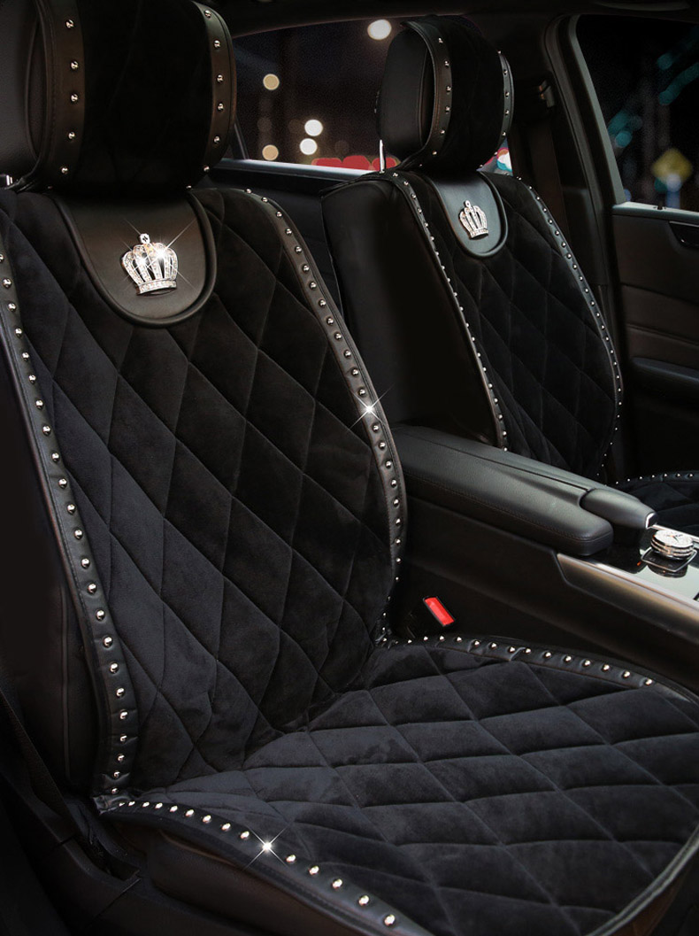 Crown Plush Car Seat Covers Punk Rivet Universal Auto Cushion 1PC Front Cover - Black