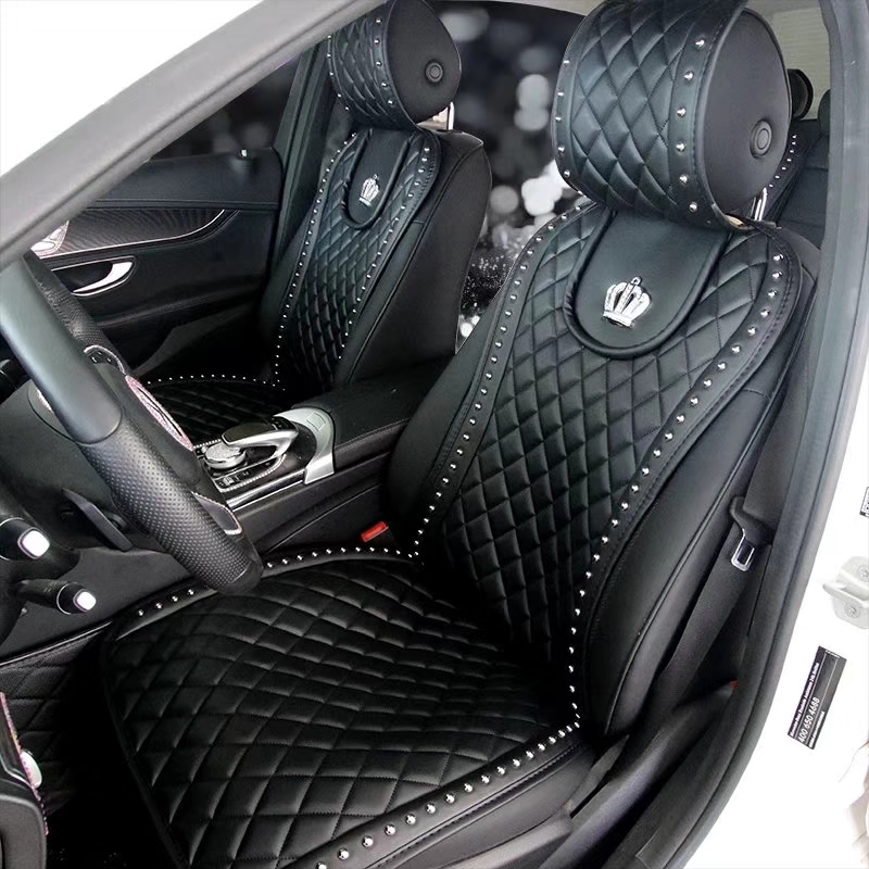 Luxury Crown Rivet Nappa Leather Car Seat Covers Lattice Universal Automobile Seat Cushion 7pcs Sets - Black