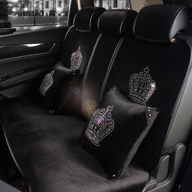 Luxury Crystals Plush Crown Car Seat Covers Gorgeous Universal Auto Seat Cushion 7pcs Sets - Black