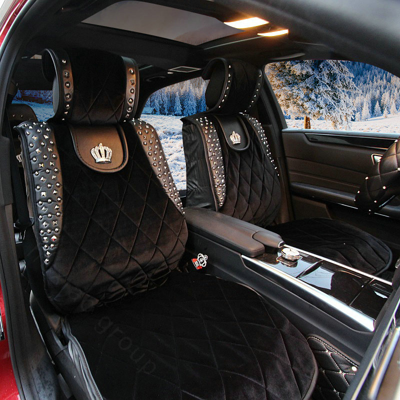 Luxury Crystals Plush Crown Car Seat Covers Punk Rivet Universal Auto Seat Cushion 6pcs Sets - Black