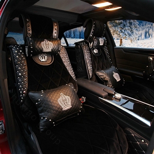 Luxury Crystals Plush Crown Car Seat Covers Punk Rivet Universal Auto Seat Cushion 6pcs Sets - Black