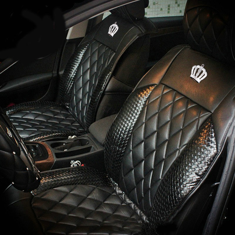 Luxury Diamond Crown Universal Automobile Leather Car Seat Cover Cushion 10pcs Sets - Black