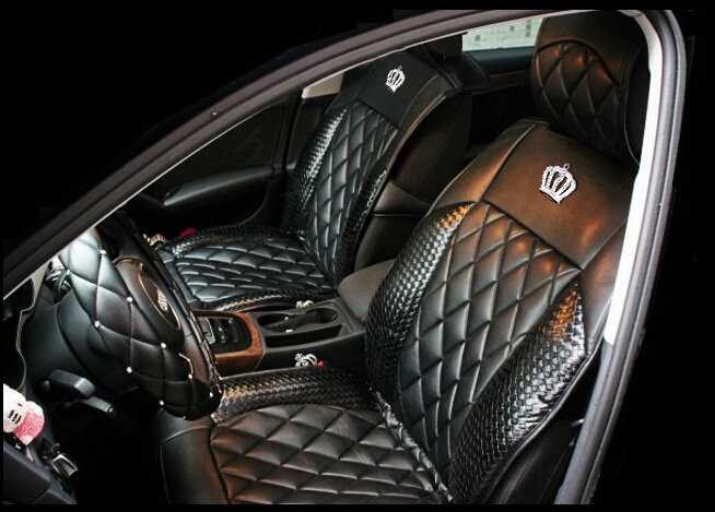 Luxury Diamond Crown Universal Automobile Leather Car Seat Cover Cushion 10pcs Sets - Black