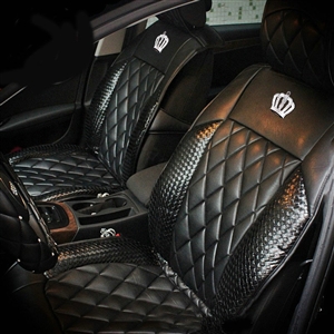 Luxury Diamond Crown Universal Automobile Leather Car Seat Cover Cushion 10pcs Sets - Black